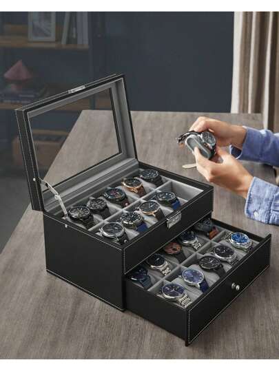  Caja organizadora para 20 relojes SONGMICS, estuche para relojes con tapa de vidrio, 2 niveles, con cerradura, color negro, forro gris, regalo para el Día de San Valentín