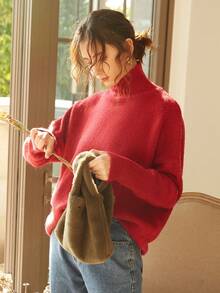 Knit Mix 女士高领宽松针织毛衣，适合秋冬季节，加厚长袖套头衫，复古硬币图案，时尚百搭，适合圣诞节、新年、情人节、开学季等场合。 - 紅色 - 查看 6