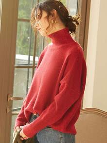 Knit Mix 女士高领宽松针织毛衣，适合秋冬季节，加厚长袖套头衫，复古硬币图案，时尚百搭，适合圣诞节、新年、情人节、开学季等场合。 - 紅色 - 查看 4