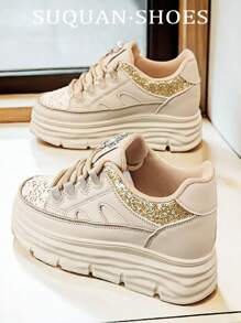 1 Pair Women Thick-Soled Casual Sports Shoes, With Lace Toe Design, Rhinestone + Sequin Decor, Fashionable & Stylish, For Outdoor, Comfortable, Multi-Purpose, Breathable Running Shoes, Suitable For Daily Commute & Casual Wear - Khaki - View 9