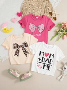 3 pièces/Set Nœud pour bébé fille, T-shirts imprimés de lettres et motifs graphiques, printemps/été