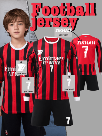 Customizable AC Milan Style Youth Long Sleeved Football Set (8-12 Years Old) - Personalized Long Sleeved Jersey And Shorts Set With Customizable Logos, Numbers, And Text Content,Gymboy