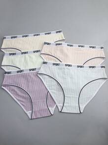 5条装女士加大码条纹字母装饰松紧腰舒适透气内裤