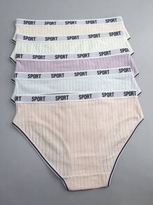 5条装女士加大码条纹字母装饰松紧腰舒适透气内裤