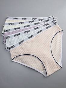 5条装女士加大码条纹字母装饰松紧腰舒适透气内裤