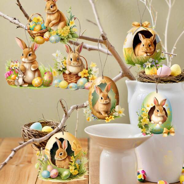 Conjunto de 18 peças a 24 peças de decorações de Páscoa penduradas, coelho de madeira plano 2D, decoração para festa de primavera, decoração para árvore de jardim, decoração para quintal