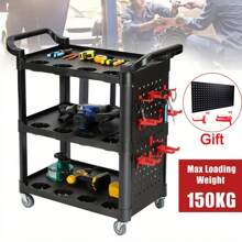 Tool Storage Heavy Duty Garage Trolley Workshop 3 Tier Wheel Cart Shelf 4 Styles - Black-with Hanging Storage - View 10