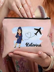 1 PC Fashionable Flight Attendant Personalized Cosmetic Bag - Durable Polyester Makeup Pouch With Zipper, Machine Washable, Lightweight, Fade Resistant, Foldable, And Fixed Shoulder Strap For Customizable Travel Toiletry Organization And Easy Carrying - Pink - View 2
