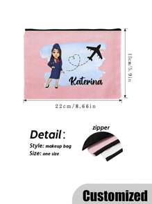 1 PC Fashionable Flight Attendant Personalized Cosmetic Bag - Durable Polyester Makeup Pouch With Zipper, Machine Washable, Lightweight, Fade Resistant, Foldable, And Fixed Shoulder Strap For Customizable Travel Toiletry Organization And Easy Carrying - Pink - View 5