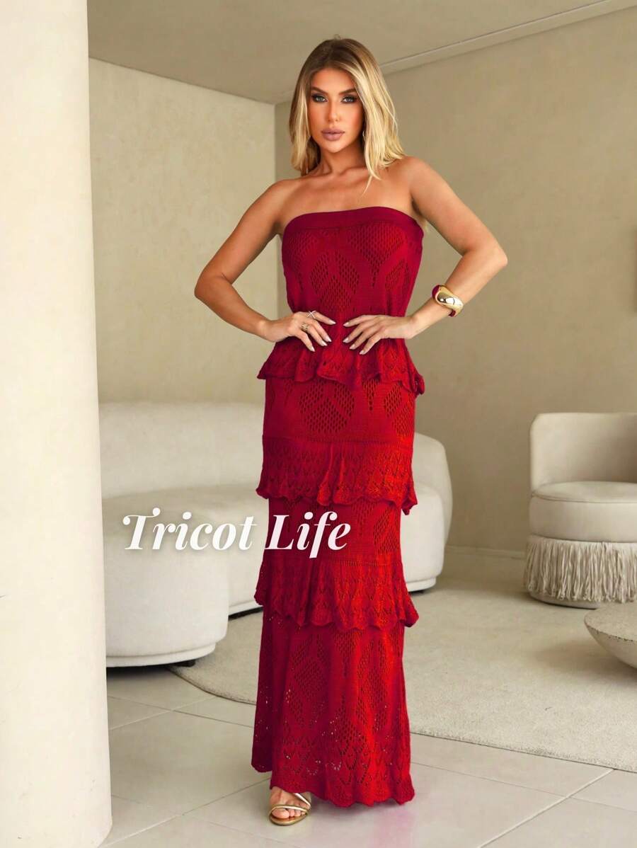 White Long Dress Red Women's Party Midi Dress Elegant Lace New Year's Eve Christmas Knit Ruffles Lined Fits 36 To 42 - 紅色 - 查看 1