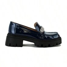 Chunky Loafer With Rhinestone Accent And Lug Sole - Navy Blue - View 5
