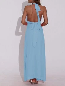 Deep V-Neck Fitted High Slit Summer Dress - Blue - View 8