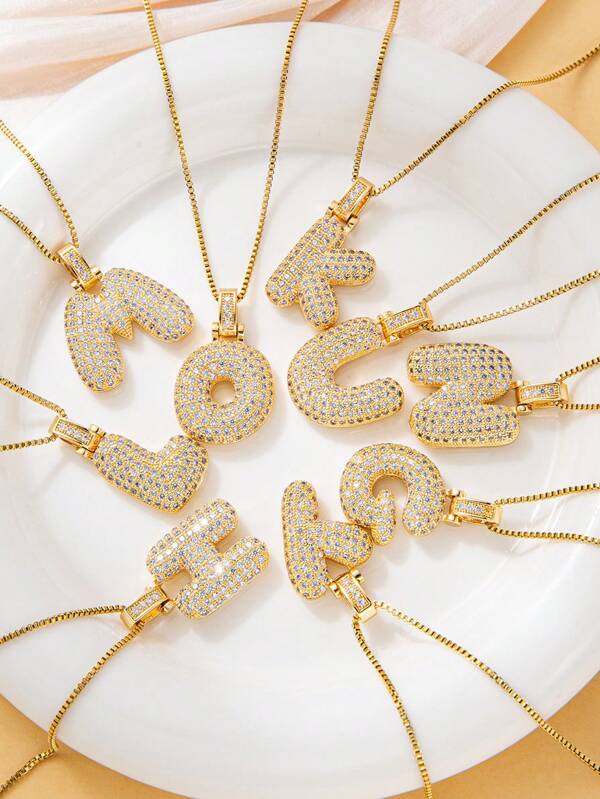 Collana con ciondolo di strass, stile europeo e americano minimalista, collana a catena con ciondolo a palloncino liscio a forma di lettera per la clavicola