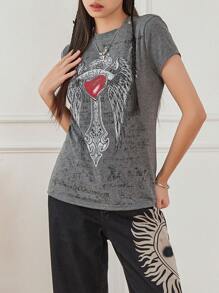 Womenacute;S Slim Gothic Tops Retro Rhinestone Cross  Wing Print Cap Sleeve Round-Neck Grunge T-Shirts For Summer Spring - Grey - View 4