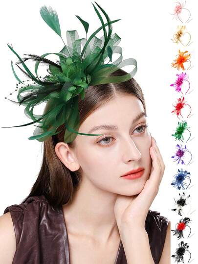 قبعة فاسيناتور للنساء قطعة واحدة مزينة بريش الدجاج والشبكة والأشرطة، قبعة لحفلات الشاي وسباق كنتاكي ديربي، مع شريط رأس وكليب، قبعة فاسيناتور لعيد الهالوين