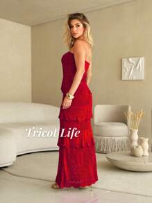 White Long Dress Red Women's Party Midi Dress Elegant Lace New Year's Eve Christmas Knit Ruffles Lined Fits 36 To 42 - 紅色 - 查看 2