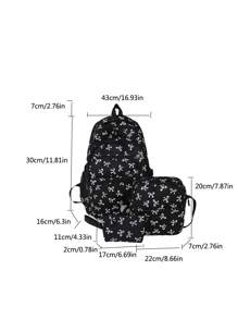 3-Piece Nylon Bow Allover Print Multi-Pocket Foldable Waterproof Zipper Backpack, Suitable For Teenagers, High School And College Students, Graduation, Daily School, Training, Women, Valentine's Day Outfit, Commute, Shopping, Travel, Gift, Back To School Essentials, Fashion School Backpack With Pencil Case, Cute Bow Backpack