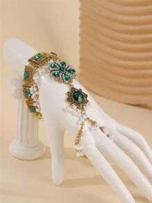 1 Stück Damen Hof Stil handgefertigter Strass Metall Legierung Ganzfingerarmband, geeignet für Hochzeit, Party, Festivalkleidung