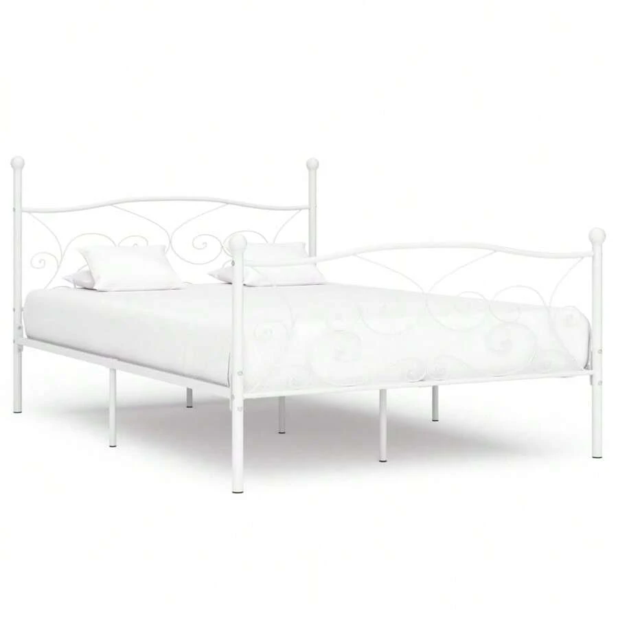 White Metal Bed Frame With Slatted Base For 140x200 Cm Mattress Supportbathroom Decor Summer - White - View 1