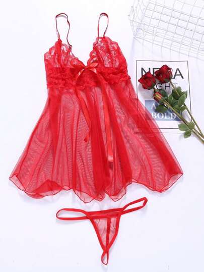 Contrast Kanten Semi Doorschijnende Lingerie Set, Asymmetric Hem Bow Slip Dress String, Verleidelijke Underwear Intimates, Rave Going Out view 2