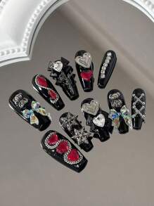 Zestaw 10 ręcznie robionych, długich, trapezowych sztucznych paznokci, z uroczym serduszkiem, kryształkami i kokardką, elegancki i luksusowy, idealny na Walentynki, imprezy i wydarzenia (zawiera klej do paznokci i blok polerski) Nakładane paznokcie, artykuły do paznokci, paznokcie