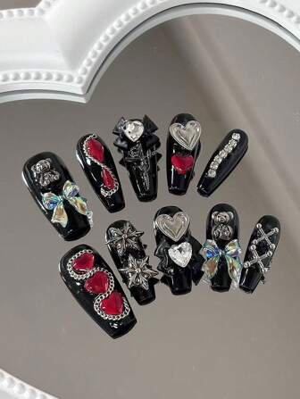 10 件手工制作的梯形长假指甲套装，配有可爱的心形、水晶和蝴蝶结装饰，优雅奢华，非常适合情人节、派对、活动（包括指甲胶和缓冲块）按压指甲美甲用品指甲