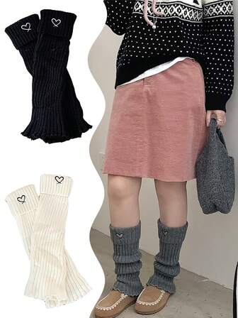 1pc Autumn/Winter Simple Versatile Heart Embroidered Leg Warmers, Cozy Over-The-Knee Thigh High Leg Warmers, Slim Long Leg Warmers For Sweet Ladies