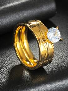 2 piezas Anillos de acero inoxidable de moda, elegantes anillos de pareja con diamantes de imitación de para regalo de boda o aniversario
