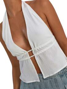 Women's Valentine's Day Camisole, Sleeveless Backless Front Slit Pleated Drawstring Wedding Night Top - 白色 - 查看 2
