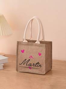 1pc Customized Name And Printed With A Heart-Shaped Pattern Linen Tote Bag,Shopping Bag Handbag For Women Fashion Burlap Grocery Bag,Portable Tote Bag For Teacher,Ideal For Shopping Handbag, Lunch Bag,It Is A Gift For Women, Mothers, Teachers, Friends, Bridesmaids, Students, Suitable For Dating, Birthday, Festival, Back To School,Vacation, Beach, Travel, Commuting, Business, Students, Picnic, Camping, Supermarket, Daily Storage Bags Ladies - Khaki - View 8