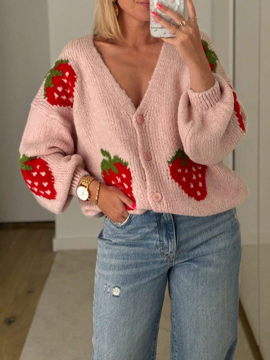 Women Knit Cardigan Long Sleeve Strawberry Button Closure Fall Casual Jacket Sweater - 粉色 - 查看 1