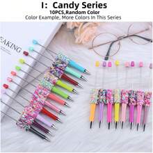 10pcs Creative Rhinestone, Glitter, Confetti, Star, Crystal, Pearl, Rabbit, Flower, Candy Series Plastic Ballpoint Pen Set (Random Color), Suitable For DIYing With Colorful Wooden Beads, Silicone Beads, Acrylic Beads, Office & School Supplies