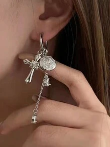 1 Pair Elegant Teardrop Zirconia Cross Tassel Earrings, Fashion Asymmetric Sweet Cool Earrings, Suitable For Women's Party, Dating Wear, Gift For Girlfriends - Earring - View 1