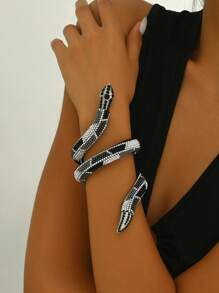 1pc Fashion Exaggerated Rhinestone Adjustable Coiled Snake Arm Cuff Bracelet - Black and White - View 2