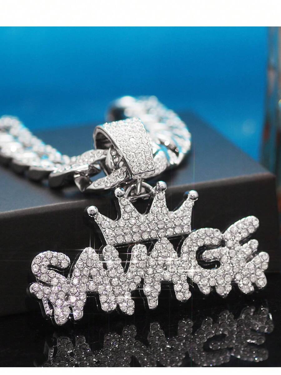 1 Piece Shiny Savage Pendant Necklace - Ice Cuban Chain, Miami Style, Hip Hop Jewelry, Unisex Gift For Men And Women, Choker Necklace, Fashion Accessories - 銀色 - 查看 1
