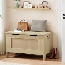 Storage Chest, Rattan Toy Chest, 30" Wooden Storage Bench With Safety Hinge, Blanket Chest, Entryway Bench, Supports 350 Lb, Storage Trunk For Living Room, Bedroom, Playroom - Natural - View 2