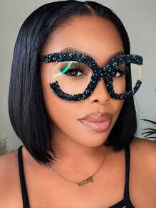 1pc Oversized Round Fashionable Glasses With Diamond Studded Half Frame, Personalized Multifunctional Glasses Frame, Transparent Glasses, Shiny Accessories - 無色 - 查看 11