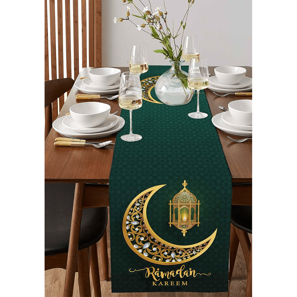 بانر طاولة كتان "مبارك رمضان، عيد مبارك" هلال ذهبي ونجوم خضراء لتزيين طاولة المطبخ والمائدة والمنزل في المناسبات 13*72 بوصة، بانر طاولة كتان "مبارك رمضان، عيد مبارك"