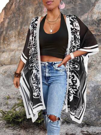 Kimono à manches courtes pour tenue de plage grande taille