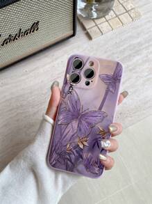1pc Luxury Gold-Edged Butterfly Trail Purple Matte Square Corner Phone Case Compatible With Apple IPhone16///Redmi/VIVO/OPPO - Purple - View 2