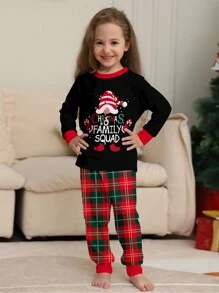 2pcs Christmas Pajama Set For Kids 4Y-12Y, Santa Hat & Letter Print Top + Plaid Pants