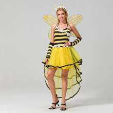 Women's Halloween Cosplay Bee Costume, Bee Queen Halloween Party Cosplay Dress, Wings, Headband, And Arm Sleeve Fancy Costume - Yellow - View 3