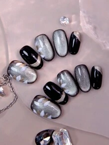 10 件手工制作短款按压式指甲，椭圆形，猫眼灰色，黑色，花卉印花，简约，法式尖头，适合初学者和女性的日常佩戴假指甲，美甲 - 彩色 - 查看 2