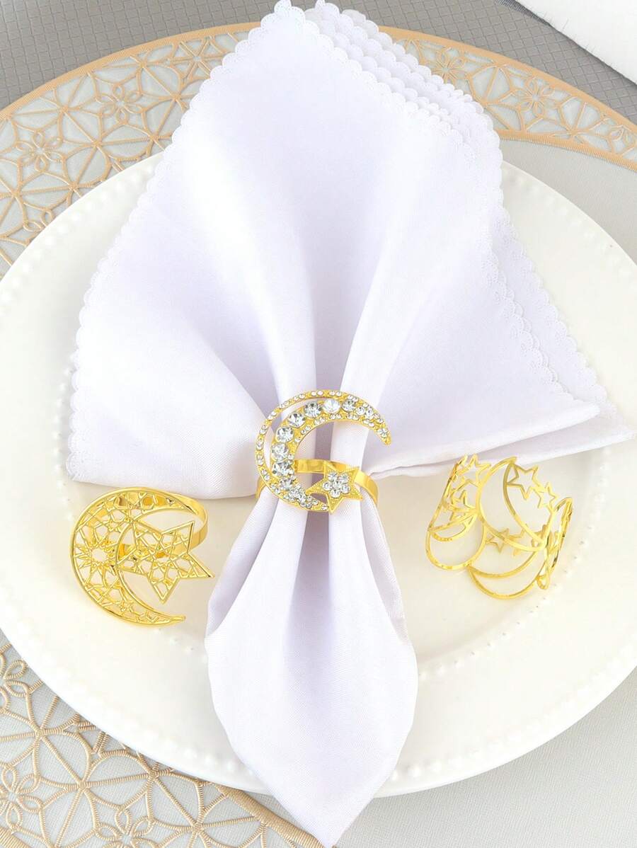 6pcs Rhinestone Hollow Star & Moon Gold Napkin Rings, Suitable For Holiday Table Decor, Banquet Napkin Holders, Minimalist Napkin Rings - Multicolor - View 1