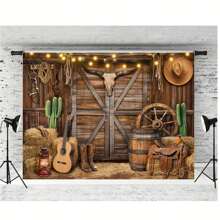 西部牛仔背景，质朴的木制谷仓门摄影背景，适合西部派对装饰，生日场合 - 仅限配饰，无羽毛