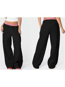 Women Y2k Wide Leg Baggy Sweatpants Elastic Waist Low Rise Joggers Plaid Patchwork Workout Running Going Out Pants With Pockets Casual Athletic Trousers For Sports Hip-Hop Track Pants Vintage Streetwear - 黑色 - 查看 2