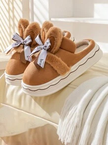 Women's Thermal Lined Slippers With Rabbit & Bow Design, Thick Bottom Princess Style, Home Wear For Winter - Khaki - View 2