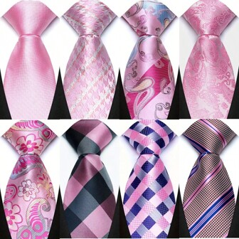 GOADAFOO 新款8厘米男士领带，粉色，适合男士新郎，提花编织纯色条纹圆点领带，商务婚礼派对配饰礼品