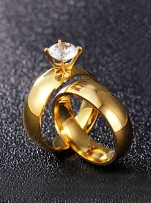 2 piezas Anillos de acero inoxidable de moda, elegantes anillos de pareja con diamantes de imitación de para regalo de boda o aniversario