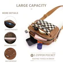 女士格纹斜挎包，PU 斜挎包，可调节肩带，女士单肩包 - 棕色 - 查看 5